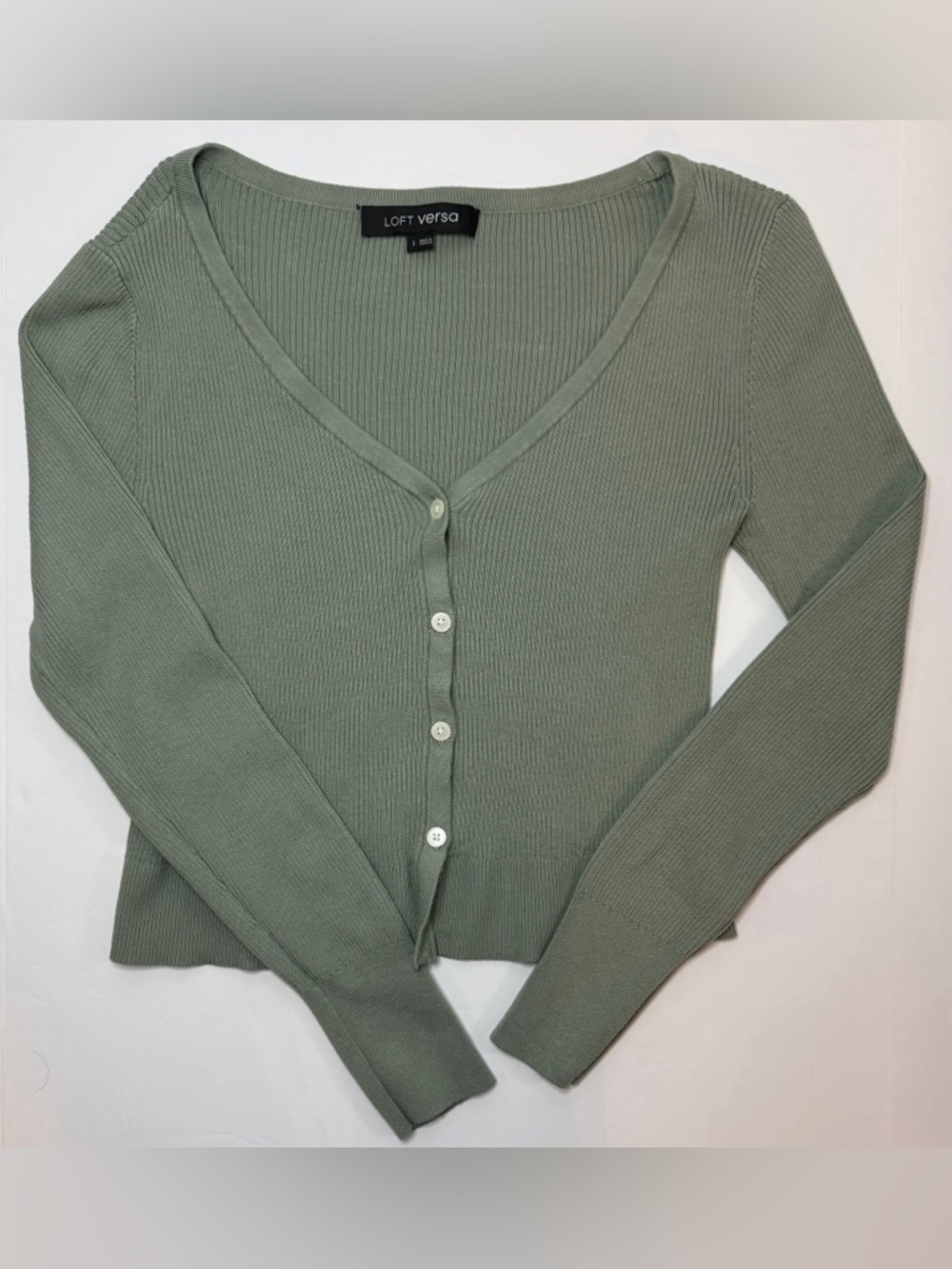 LOFT Versa Ribbed V-Neck Cardigan Frosted Sage Green Size S